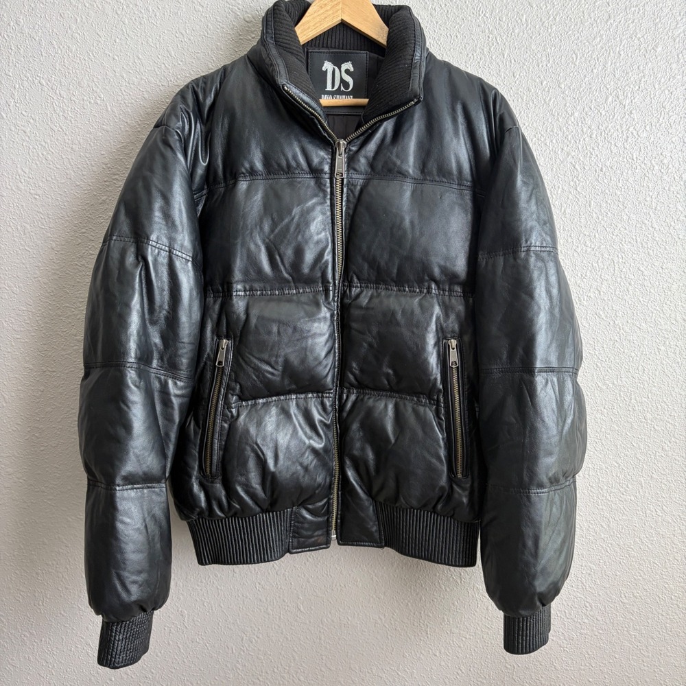 Dino Shahani Men's Genuine Leather Down Puffer Jacket Black Size 38 M